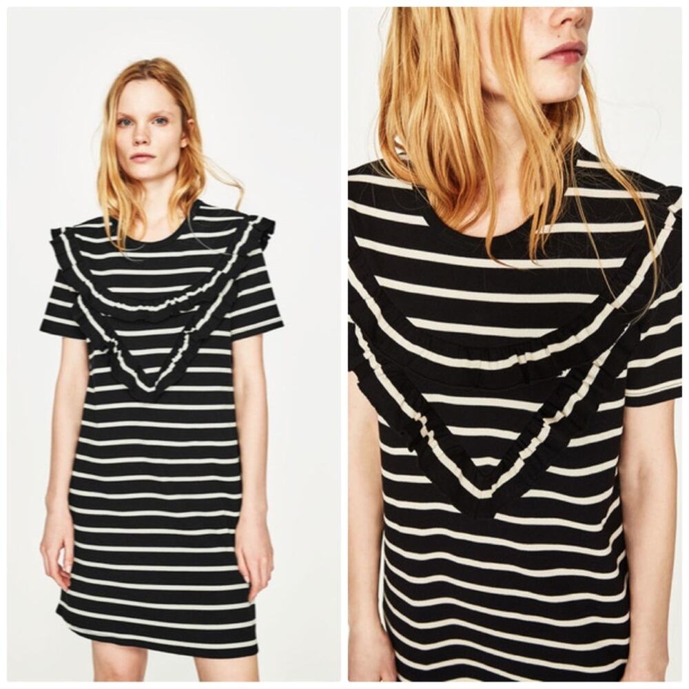 Zara Women's Striped Black Ruffle Trim Knit‎ Dress Size Medium NEW